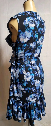 TAHARI Arthur S. Levine Floral Print Faux Wrap Ruffle Dress Size 12 Blue Black - Picture 11 of 16