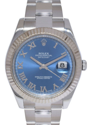 Rolex Datejust II Steel & 18k White Gold Bezel Blue Dial Mens 41mm Watch 116334