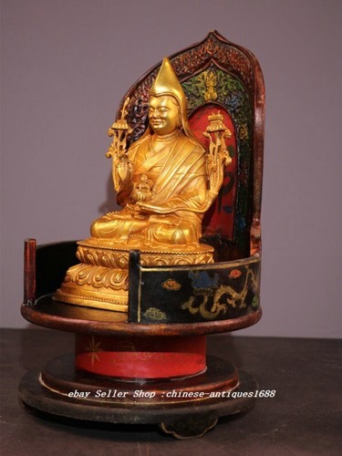 14'' Old Tibet Wood Lacquerware Copper Zongkaba Je Tsongkhapa Fo Kan Shrines Set - 第 2/9 張圖片