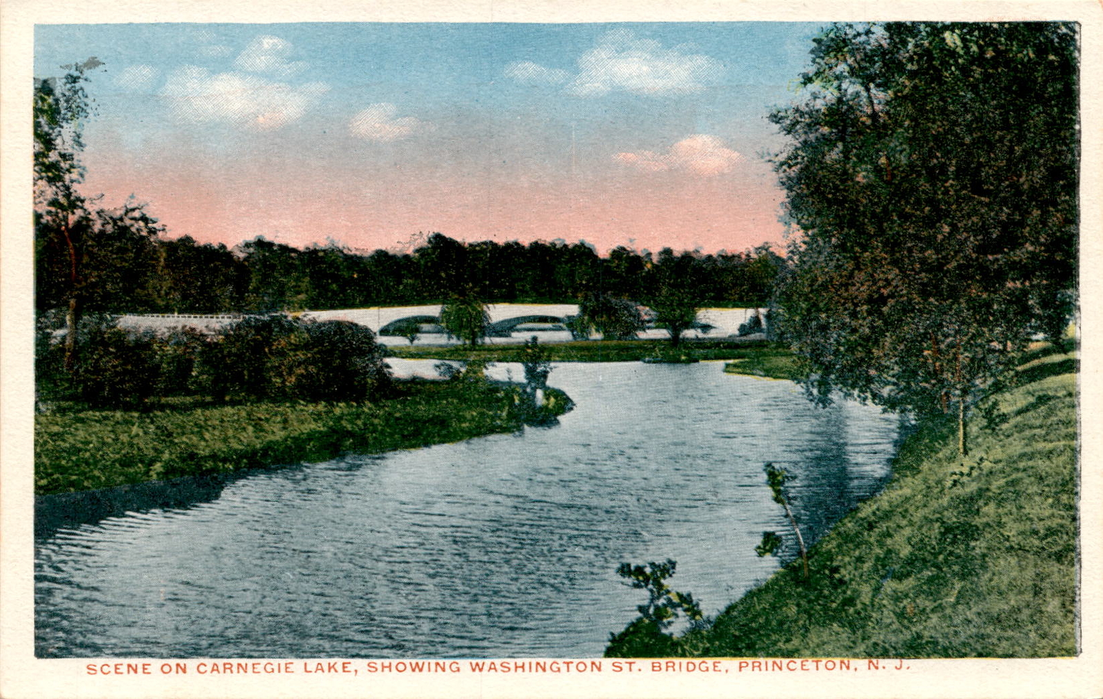 Carnegie Lake, Washington St. Bridge, Princeton, NJ, United States, Postcard