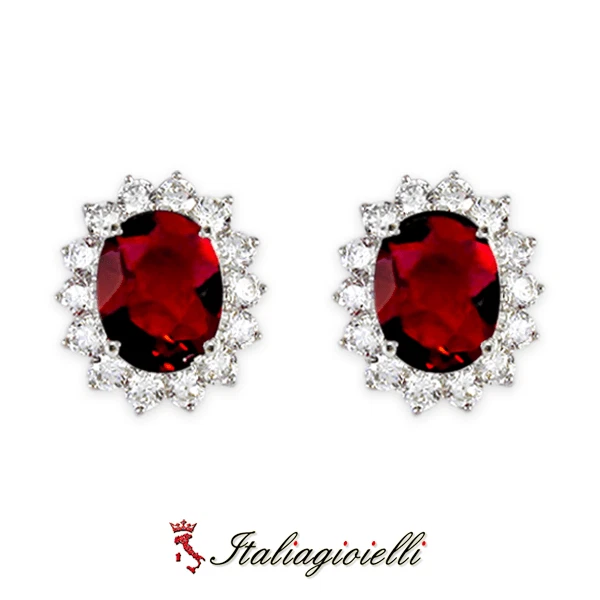 Sfarzosi Orecchini Rubino Brillanti in Argento 925 Rodiato Oro Bianco - Immagine 3 di 4