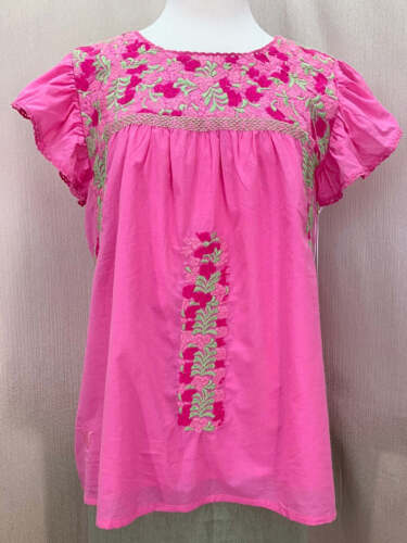NWT - J MARIE pink green Embroidered Flutter Sleeve Lined Kehlani Top - M - Picture 10 of 10