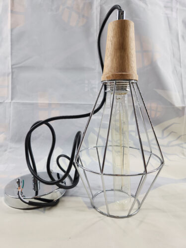 C Cattleya Chrome Geometric Cage Pendant Light with Wood Accents #BIN - Picture 2 of 8