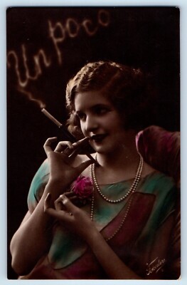 Pretty Girl Smoking Cigarette Curly Italy RPPC Photo Antique Unposted  Postcard