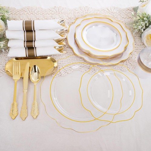 noccur 150 pcs gold clear silverware 30 dinner plates,30 dessert, 90 cutlery - Picture 2 of 3