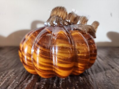 NWT Glass Pumpkin Orange, Gold, Brown Twist Stem, Hand-Blown THANKSGIVING