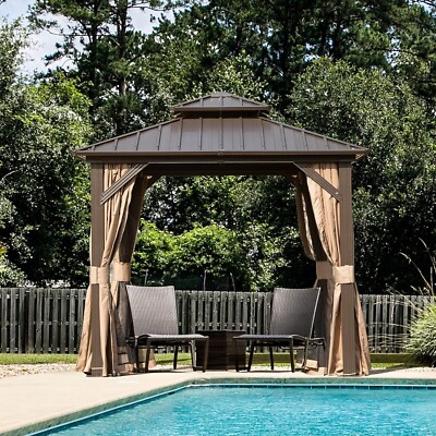 Domi 8  x 8  Hardtop Gazebo Outdoor Aluminum Gazebo w/Curtains and Net, Brown