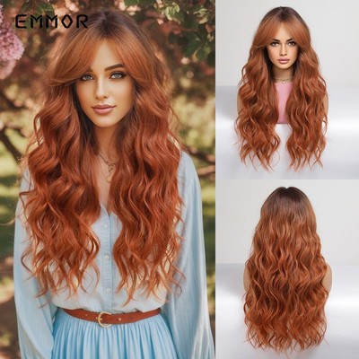 Copper Red Wig Synthetic Wavy Wigs with Bangs Women s Full Hair Cosplay Party