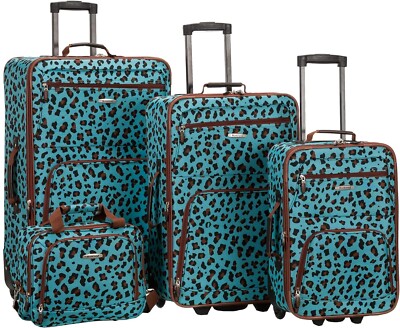 Rockland Softside Expandable Luggage Set 4 Piece 14'' 29'' 24'' 28'' Blue Leopard
