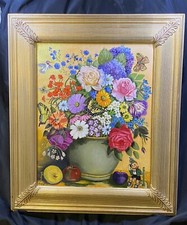 1985 BRIGHT STILL LIFE OOAK FLORAL GNOME FRAMED OIL PAINTING JAGEIGLE ART