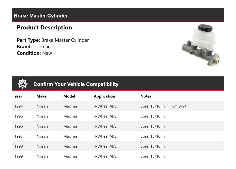 Cilindro maestro de freno Nissan Máxima Dorman 1994-1999 1995 1996 1997 1998 Foto 2 de 4