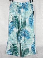 Tahari Pants Women s Medium Green Blue Wide Leg Elastic Waist 100 Linen New