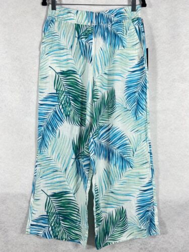 Tahari Pants Women’s Medium Green Blue Wide Leg Elastic Waist 100% Linen New
