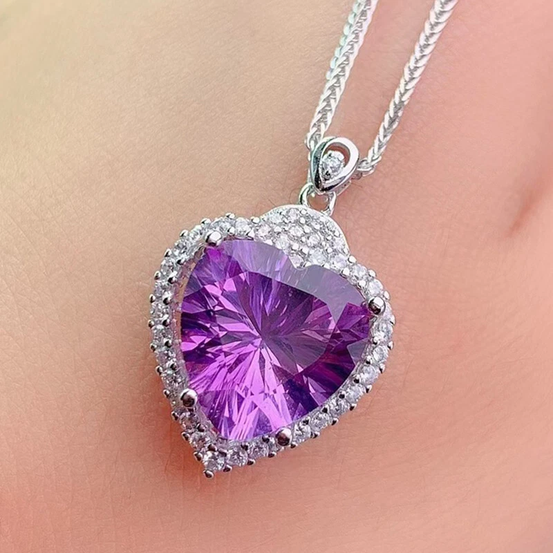 Nuevo Precioso Corazón Dije Púrpura Amatista Piedras Preciosas Mujeres Plata Dije Collares Foto 3 de 4