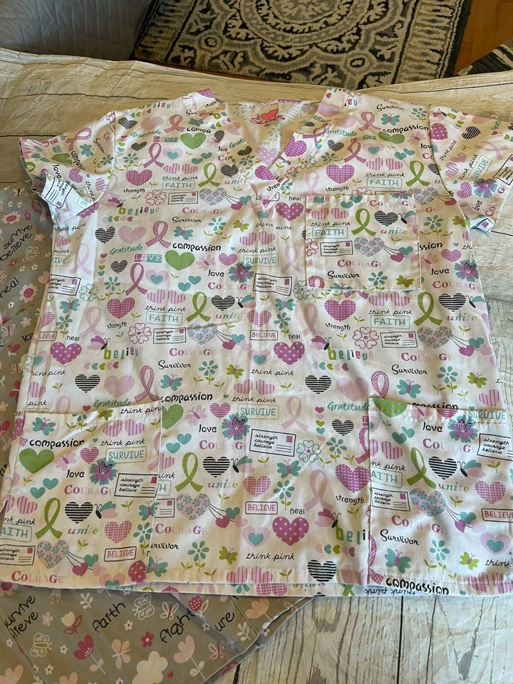 Lot Of 2 Scrubs Womens Top Scrub Size Medium Gray White Pink Love Hope Cure Heal - Image 3 of 4
