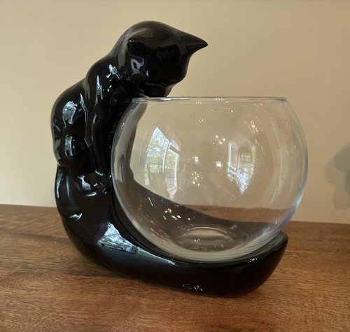 VTG MCM Black Cat Fish Bowl Stand/ Holder 8.5”x8x4” w Bowl. Excellent Cond.