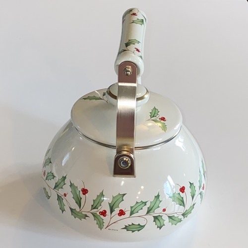 Lenox Tea Kettle Holiday Holly Berry Enamel Pot Porcelain Handle Christmas Metal - Picture 8 of 12