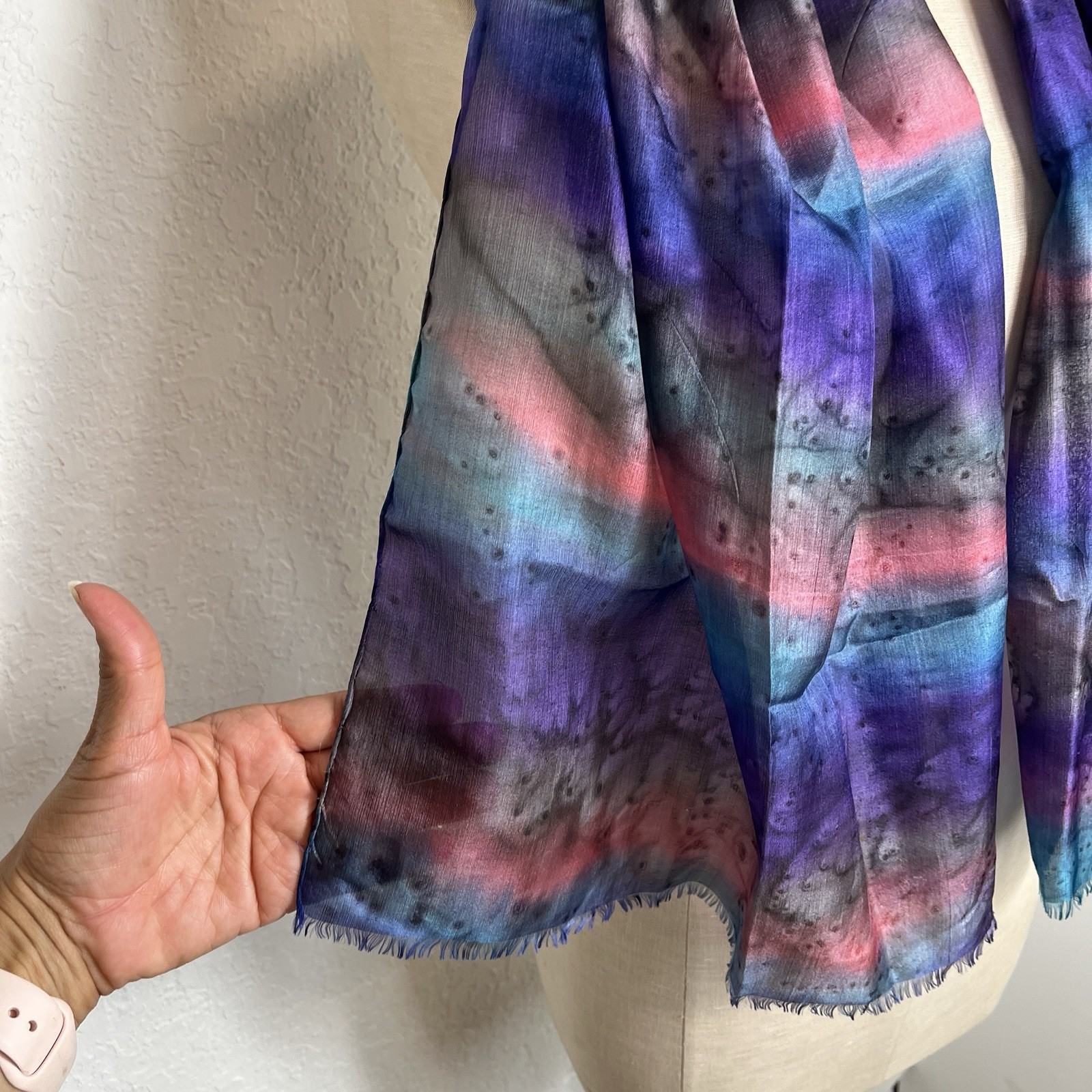 Multicolor Watercolor Rectangular Scarf with frin… - image 2