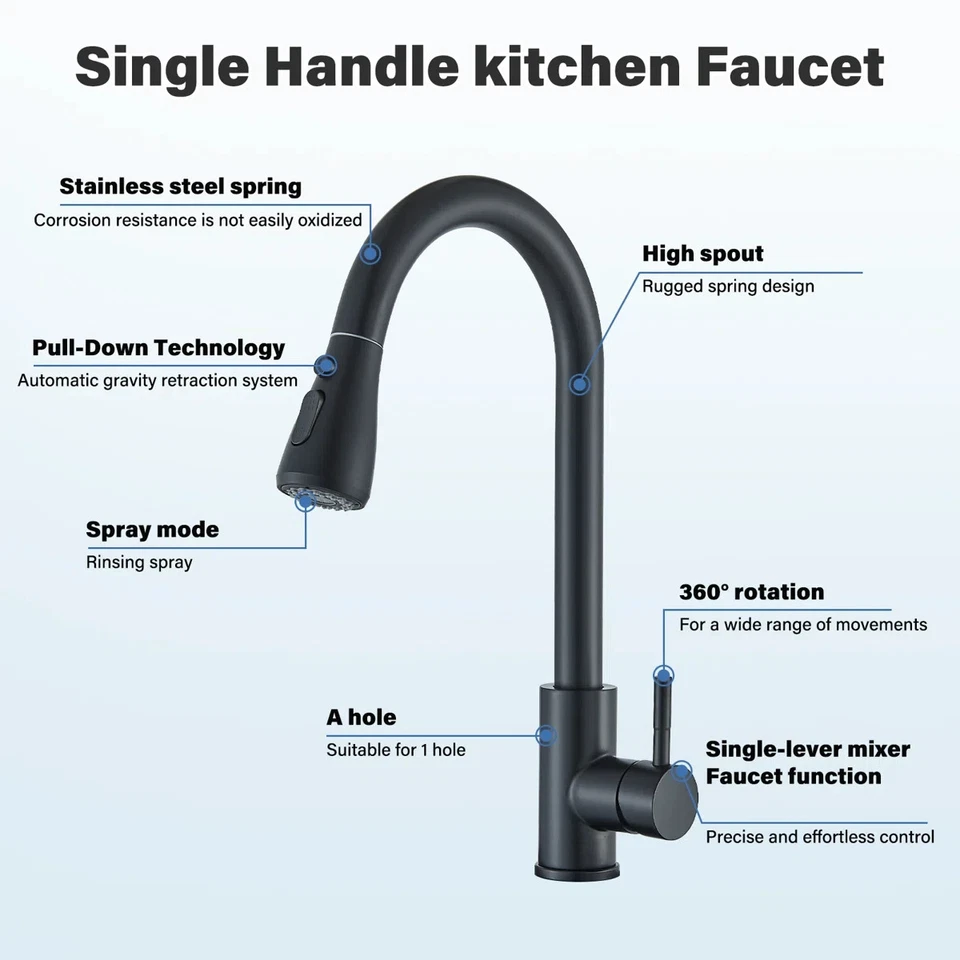 Черный кухонный кран для раковины выдвижной распылитель поворотный с одной ручкой смеситель кран с 1 отверстием - Изображение 3 из 4