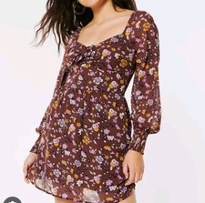 Hollister Brown Long Sleeve Floral Peasant  Mini Dress Womens M Y2K Cottage