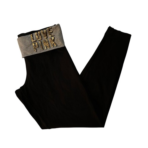 Victoria's Secret PINK Black Cotton Stretch Gold Sequin Logo Foldover Leggings - Picture 3 of 10