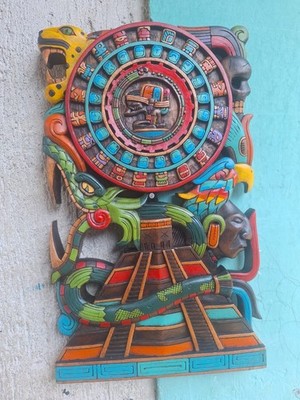Mayan Calendar made of cedar wood, Mexican art