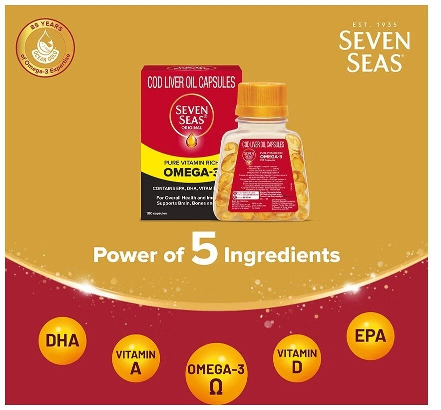 Aceite de pescado hígado de bacalao Seven Seas - 500 cápsulas de vitamina A y D omega-3 Foto 4 de 4