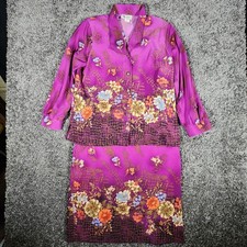 VTG Maggie Sweet LS Blouse Skirt Suit Women's PM Purple Floral 90s Jubilee GUC