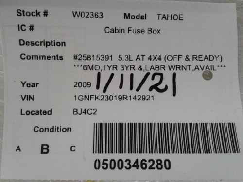 TAHOE 2009 Fuse Box Cabin 1339726 - Picture 4 of 12