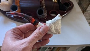 Hand-carved Meerschaum Tobacco Pipe with Case, White Ornate Design