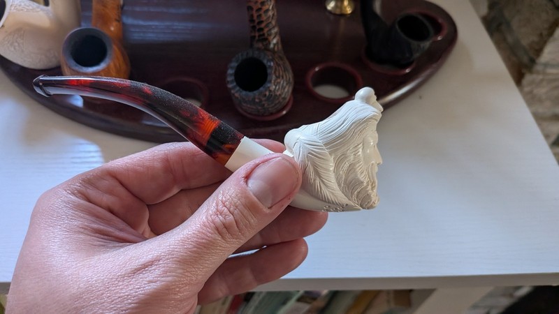 Hand-carved Meerschaum Tobacco Pipe with Case, White Ornate Design