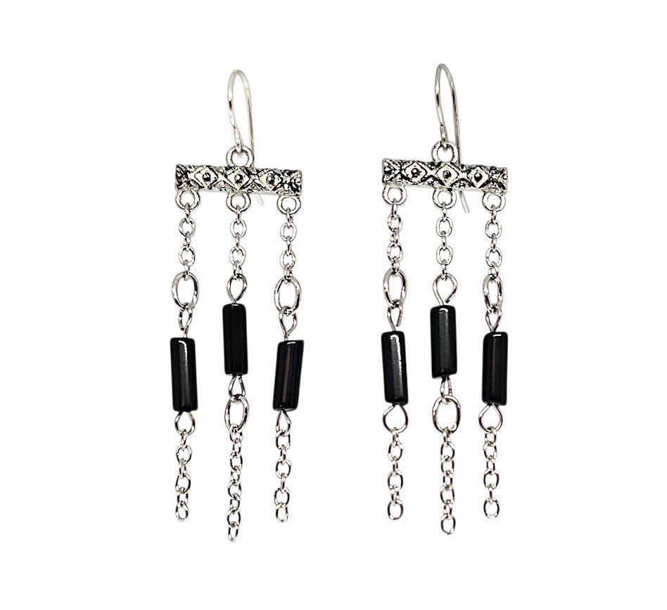 Black Onyx Tube Beaded Handmade Silver Chandelier Long Chain Boho Earrings