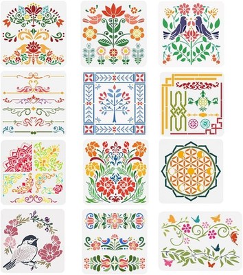 12 Styles Folk Decorative Painting Stencil Templates Floral Bird Pattern