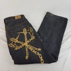Vintage Y2k Baggy UBUG Premium Embroidered Jeans Skull + Axe Black Denim 38x32