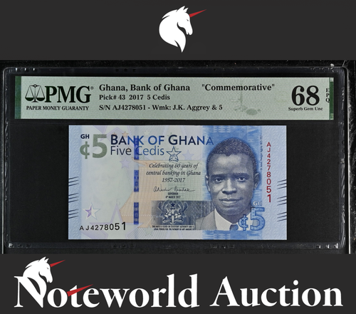 Ghana Bank of Ghana Commemorative 5 Cedis 2017 P 43 UNC PMG 68 EPQ TOP POP - Picture 2 of 5