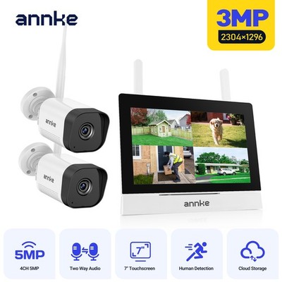 ANNKE Wireless 4CH NVR 7'' Monitor 3MP WIFI Security Camera System Two-Way Audio