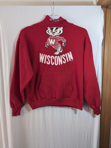 Vintage L (Fits Like M) 80's Wisconsin Badgers Red Hooded Sweatshirt Jerzees