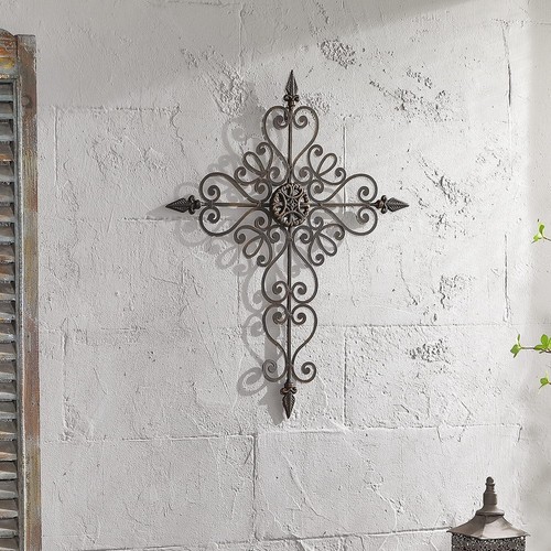 Rustic Bronze Wrought Iron Cross Wall Art with Unique Swirling Design - 27" Tall - Picture 3 of 9