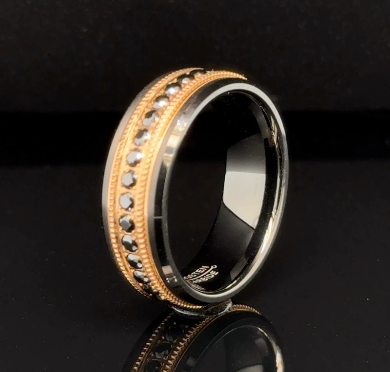 Black Tungsten 8mm Ring For Christmas Gif CZ Stones With Rose Gold polished Band