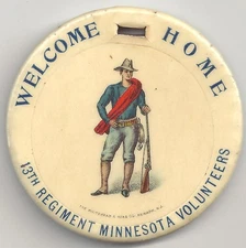 2-Sided Cello Charm WELCOME HOME 13th Reg MN Volunteers w Indian & Farmer on Rev
