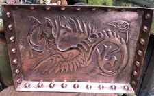 Antique Victorian Arts and Crafts copper dragon tray wyvern Newlyn style plaque