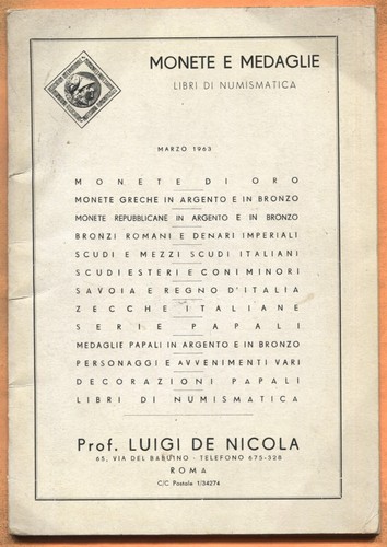 Rome Italy Monete e Medaglie Marzo 1963 Prof. Luigi De Nicola Coins & Books