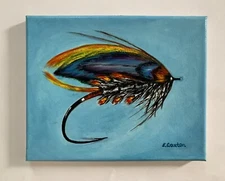 Original Fly fishing lure original oil painting on canvas 8”x10”x3/4”, unframed