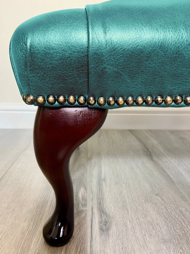 Chesterfield Buttoned Queen Anne Turqoise Faux Leather Footstool - Image 3 of 4