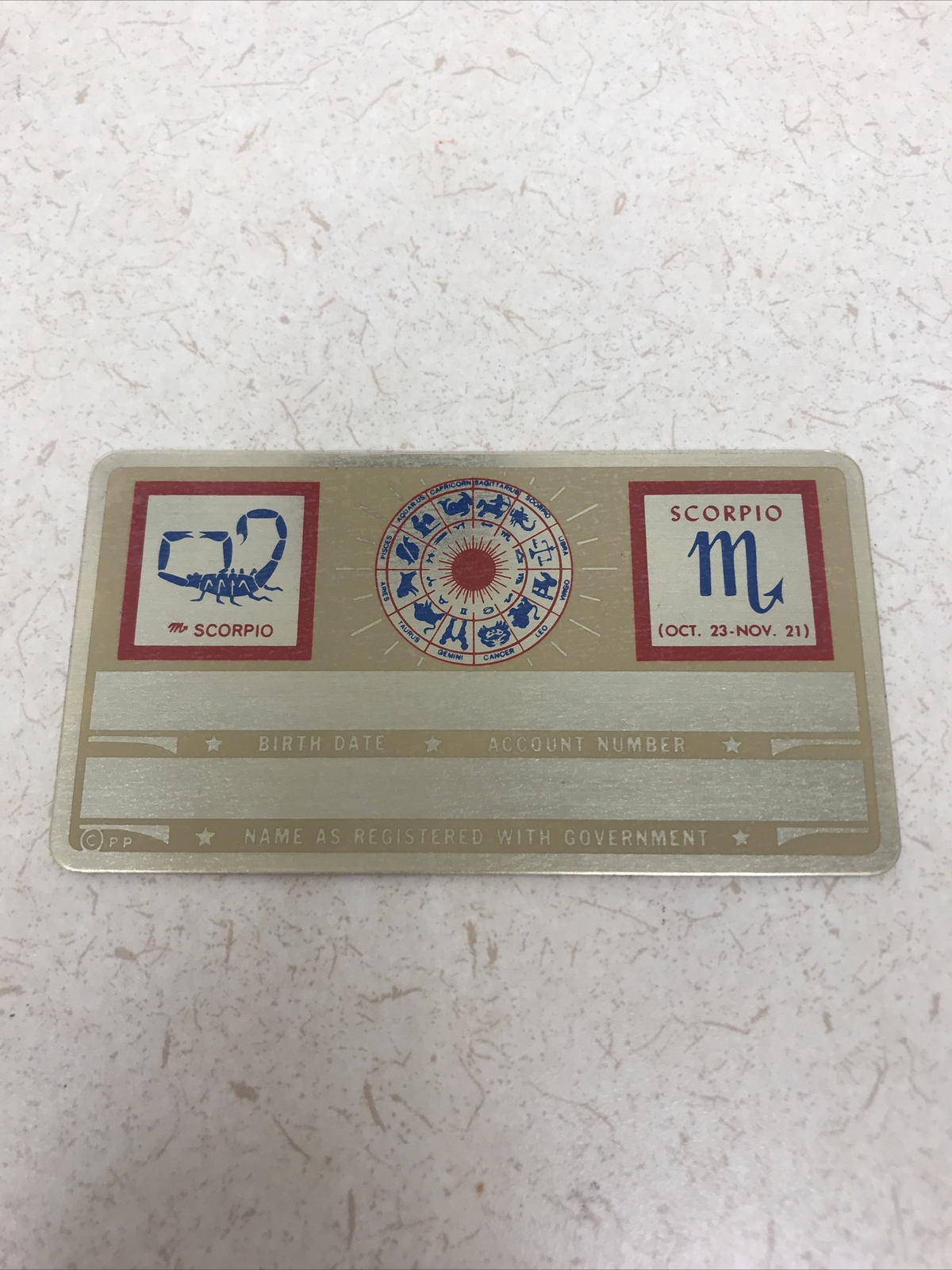 NEW VINTAGE METAL SOCIAL SECURITY CARD 50's 60's USA Zodiac Sign Scorpio