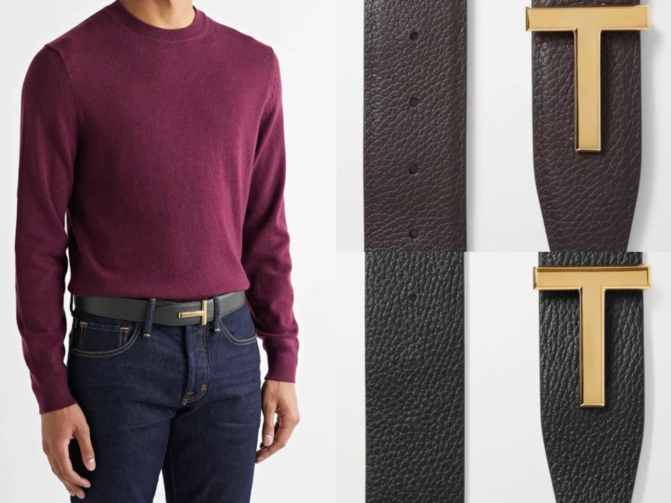TOM FORD T-LOGO Gold Reversible Grained Leather Belt Wendegürtel Gürtel 100 - Bild 3 von 4