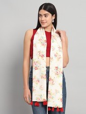 White Floral Cotton Scarves Indian Hand Block Print Women Neck Wrap Stole Tassel