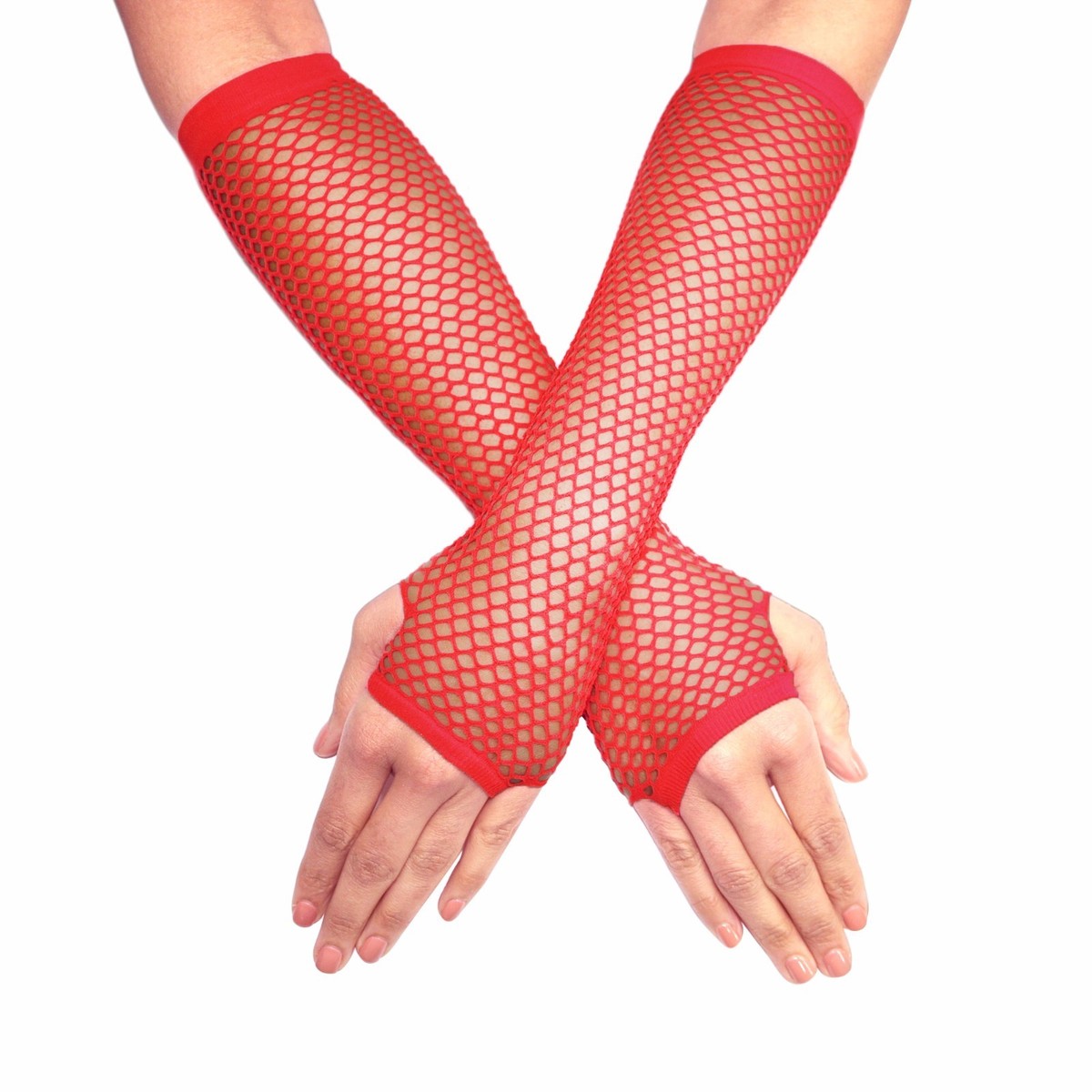 Long Elbow Length Fingerless Fishnet Cabaret Burlesque Fancy Dress Gloves  Red