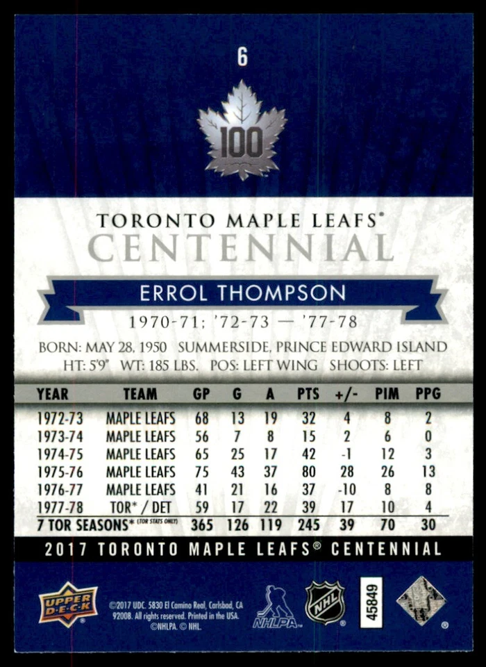 2017-18 Upper Deck Toronto Maple Leafs Centennial Base Errol Thompson #6 - Image 2 of 2