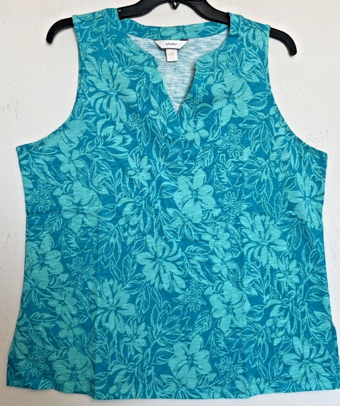 CJ Banks 1X Turquoise Floral knit tank top, V neck, 100% cotton, NWT